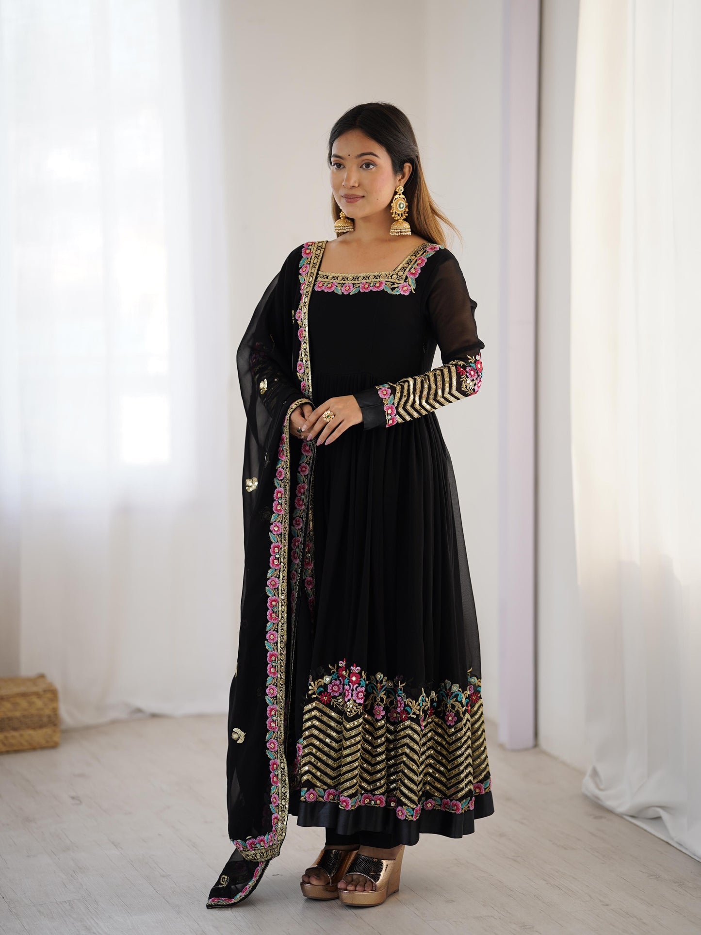 ✨ZF-5010 — "Elegant Embroidered Sequence Designer Anarkali Three Piece Set"✨