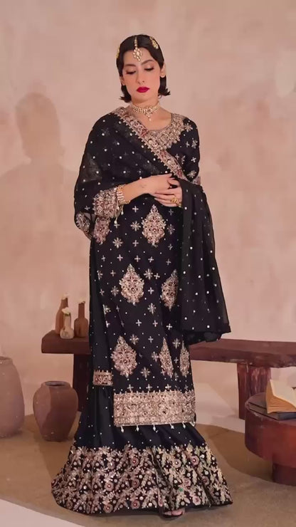 ♥️💐LC 1242 GEORGETTE LONG KURTI WITH BEAUTIFUL FULLY EMBROIDERED GEORGETTE SHARARA💐❤️
