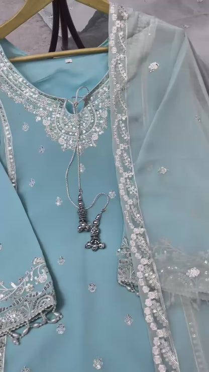 AC-7073 –  Premium Designe Sequence Embroidery Top-Plazzo with Dupatta (Heavy Fox Georgette, Fully Stitched)