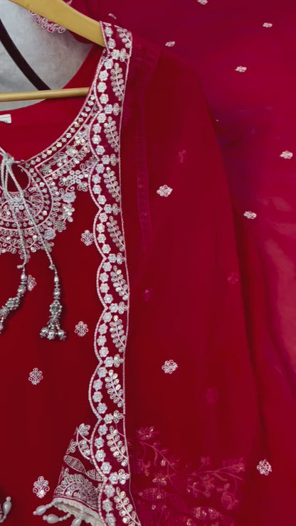 AC-7073 –  Premium Designe Sequence Embroidery Top-Plazzo with Dupatta (Heavy Fox Georgette, Fully Stitched)