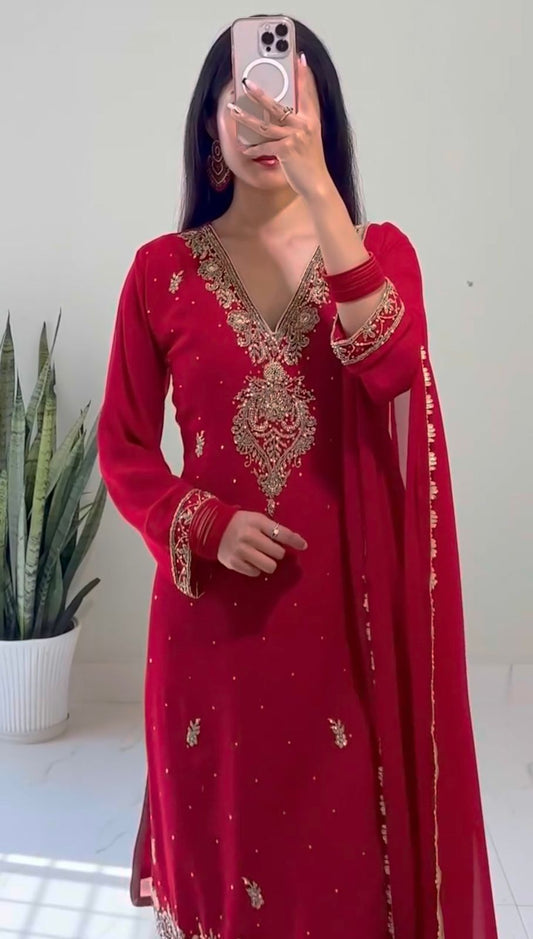 HK-1714 – Elegant Beaded Embroidery & Sequence Work Top-Plazzo with Dupatta (Fully Stitched, Ready to Wear)