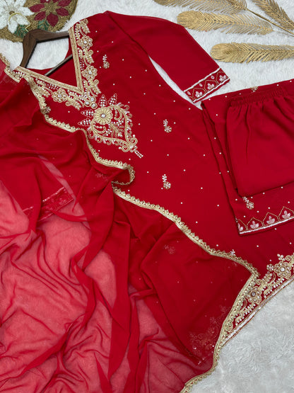 HK-1714 – Elegant Beaded Embroidery & Sequence Work Top-Plazzo with Dupatta (Fully Stitched, Ready to Wear)
