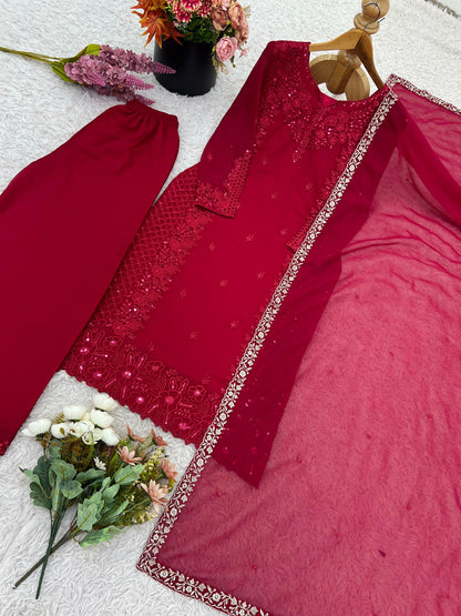 ✨❤️NSR 866-  Designer Party Wear Look – Top, Plazzo and Dupatta with Heavy Embroidery Work✨