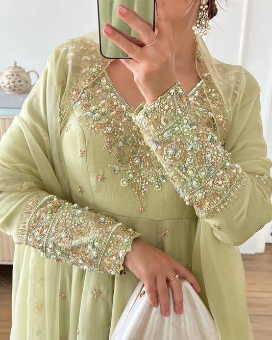 Elegant Embroidered Rainbow Sequin Designer Anarkali 3-Piece Set – Gown, Bottom & Dupatta