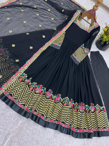 ✨ZF-5010 — "Elegant Embroidered Sequence Designer Anarkali Three Piece Set"✨