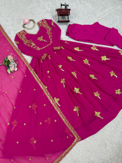 SP-30 — Elegant Faux Georgette Thread & Sequence Embroidered Gown Set (3-Piece)