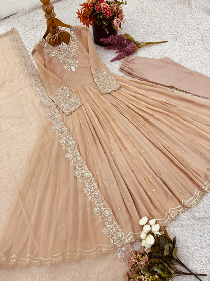Elegant Embroidered Rainbow Sequin Designer Anarkali 3-Piece Set – Gown, Bottom & Dupatta