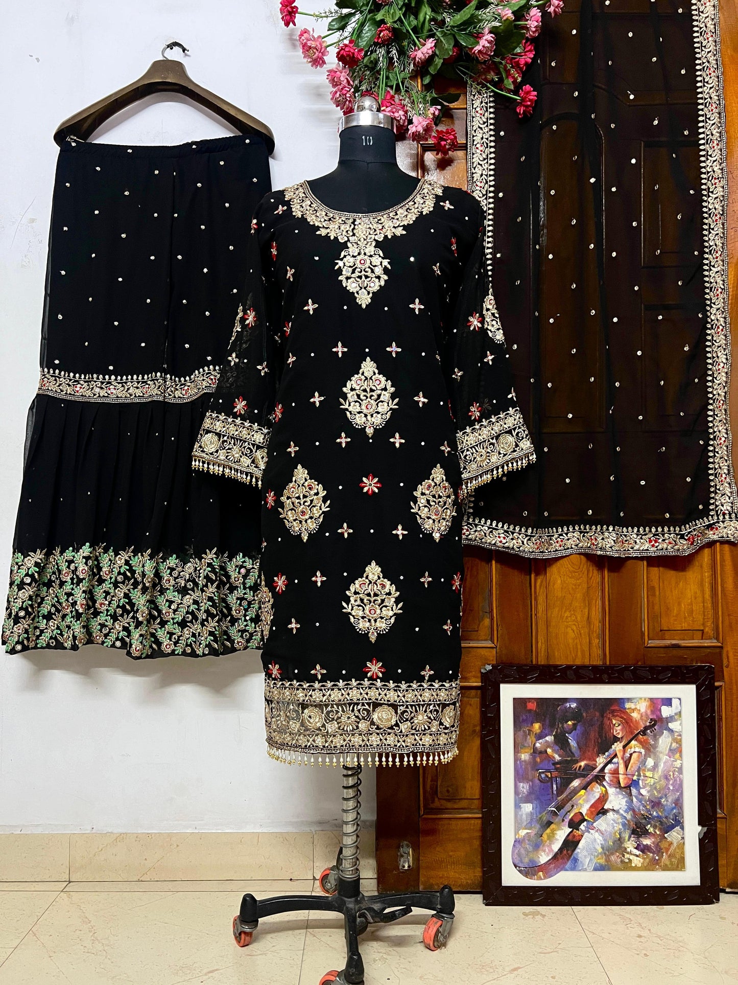 ♥️💐LC 1242 GEORGETTE LONG KURTI WITH BEAUTIFUL FULLY EMBROIDERED GEORGETTE SHARARA💐❤️