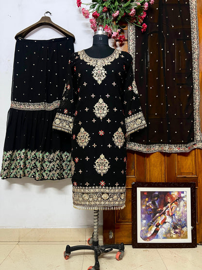 ♥️💐LC 1242 GEORGETTE LONG KURTI WITH BEAUTIFUL FULLY EMBROIDERED GEORGETTE SHARARA💐❤️