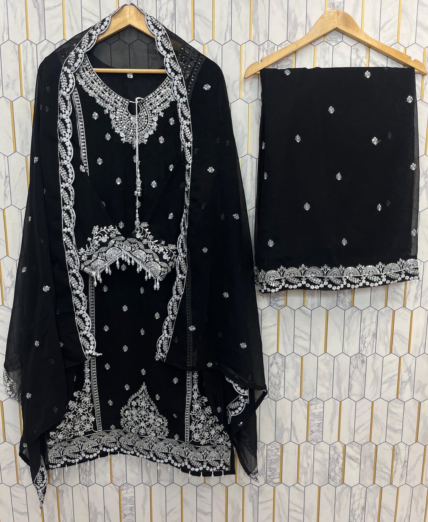 AC-7073 –  Premium Designe Sequence Embroidery Top-Plazzo with Dupatta (Heavy Fox Georgette, Fully Stitched)