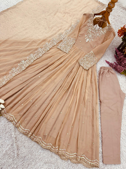 Elegant Embroidered Rainbow Sequin Designer Anarkali 3-Piece Set – Gown, Bottom & Dupatta