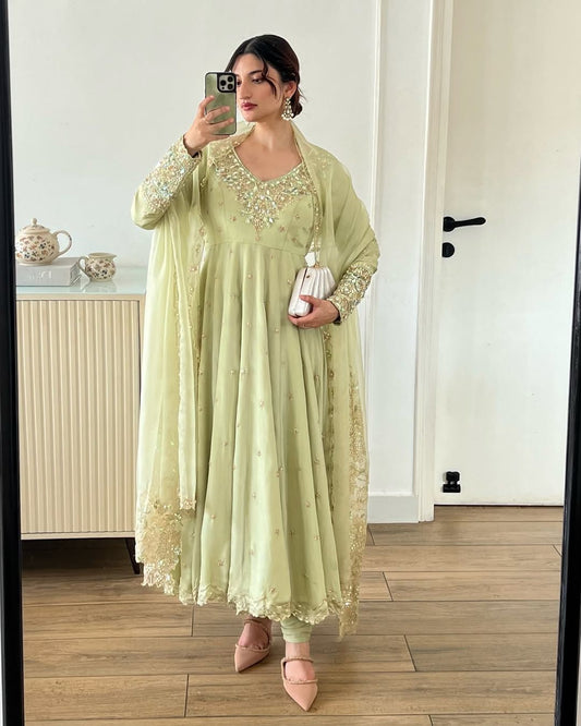 Elegant Embroidered Rainbow Sequin Designer Anarkali 3-Piece Set – Gown, Bottom & Dupatta