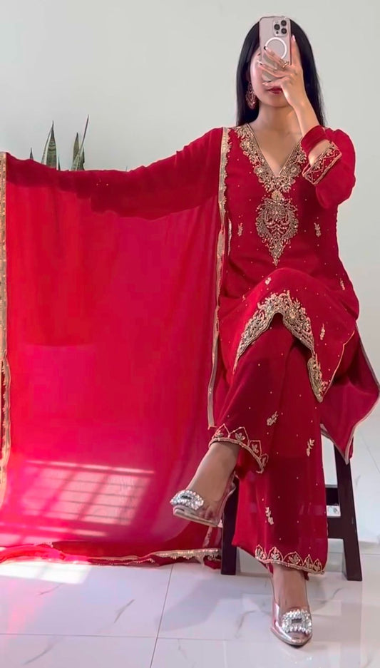 HK-1714 – Elegant Beaded Embroidery & Sequence Work Top-Plazzo with Dupatta (Fully Stitched, Ready to Wear)