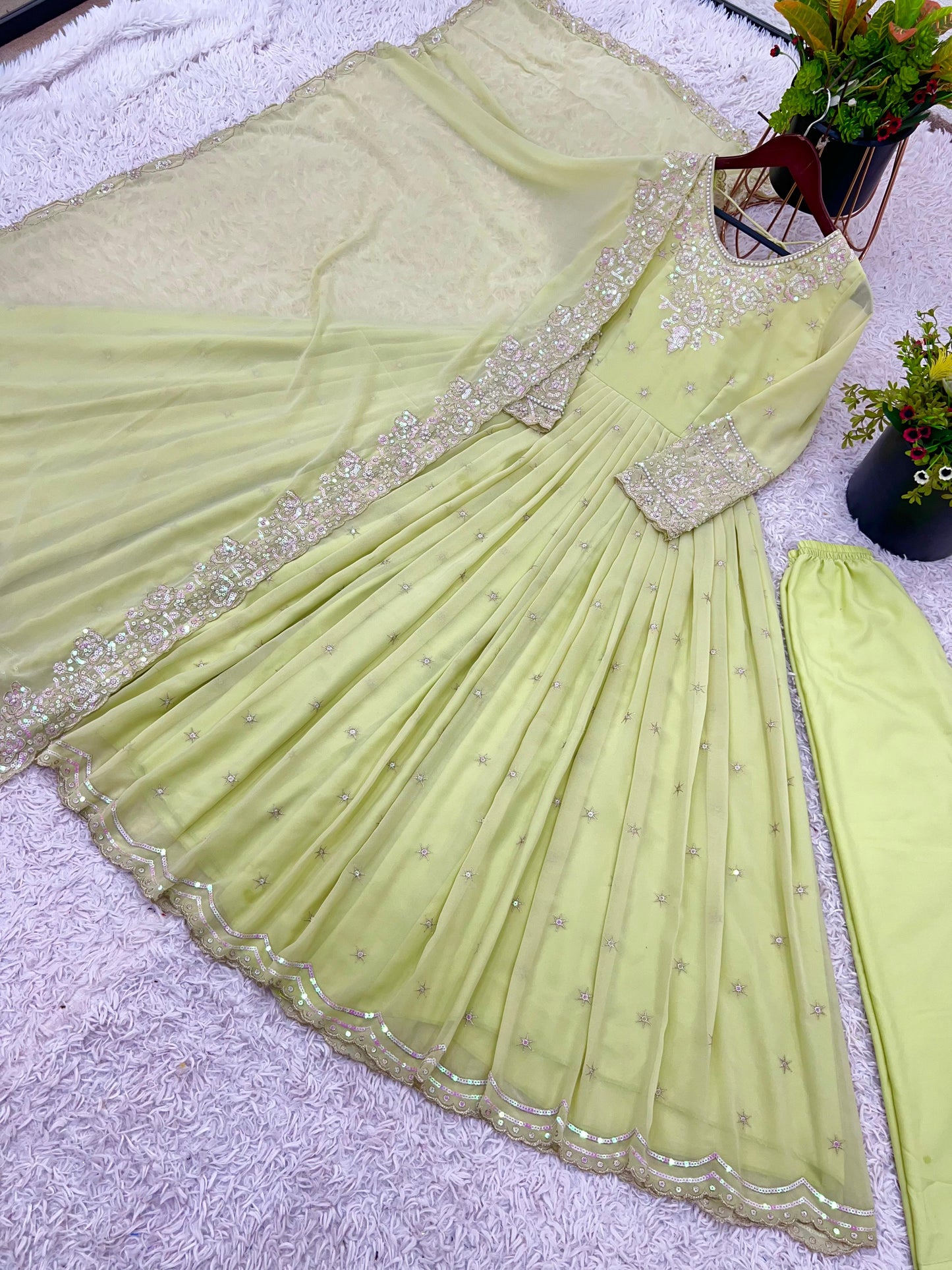 Elegant Embroidered Rainbow Sequin Designer Anarkali 3-Piece Set – Gown, Bottom & Dupatta