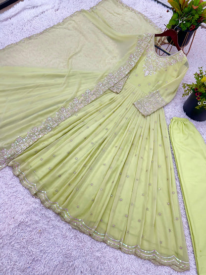 Elegant Embroidered Rainbow Sequin Designer Anarkali 3-Piece Set – Gown, Bottom & Dupatta