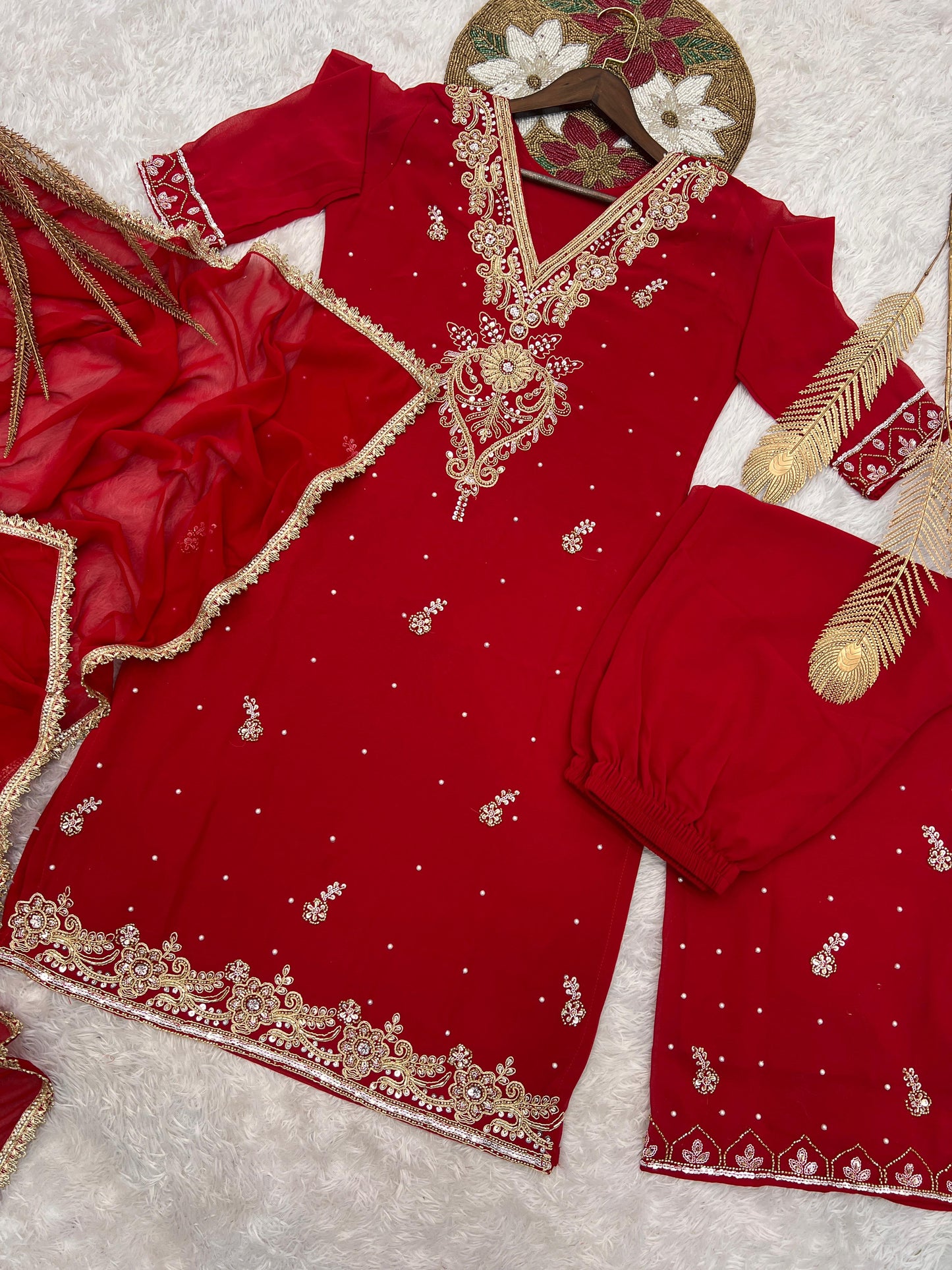 HK-1714 – Elegant Beaded Embroidery & Sequence Work Top-Plazzo with Dupatta (Fully Stitched, Ready to Wear)