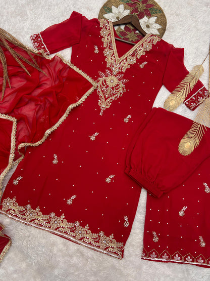HK-1714 – Elegant Beaded Embroidery & Sequence Work Top-Plazzo with Dupatta (Fully Stitched, Ready to Wear)
