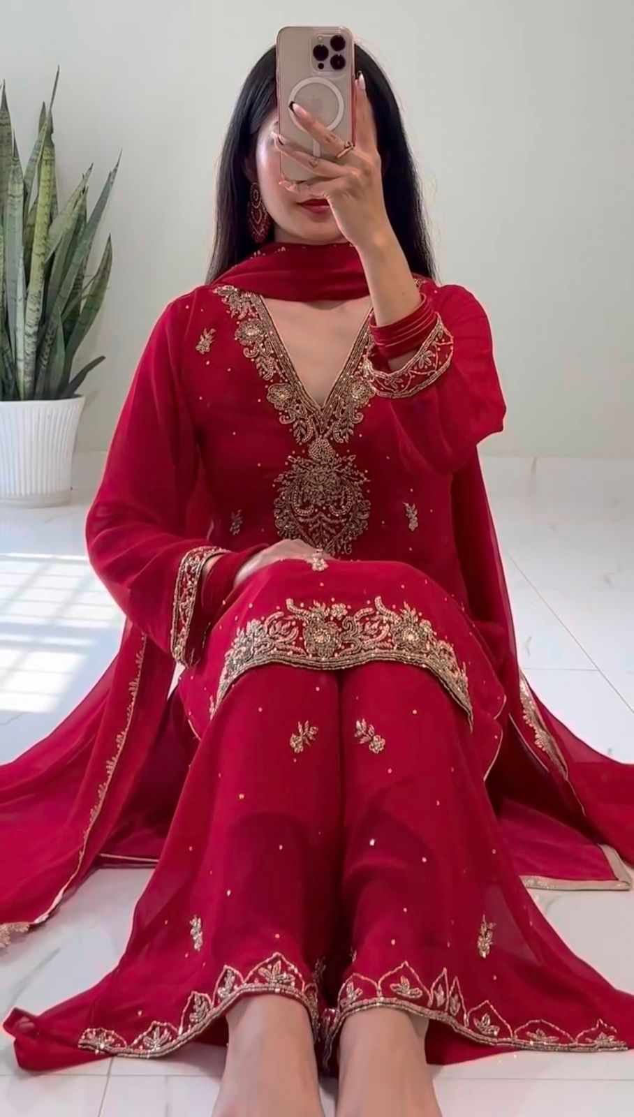 HK-1714 – Elegant Beaded Embroidery & Sequence Work Top-Plazzo with Dupatta (Fully Stitched, Ready to Wear)