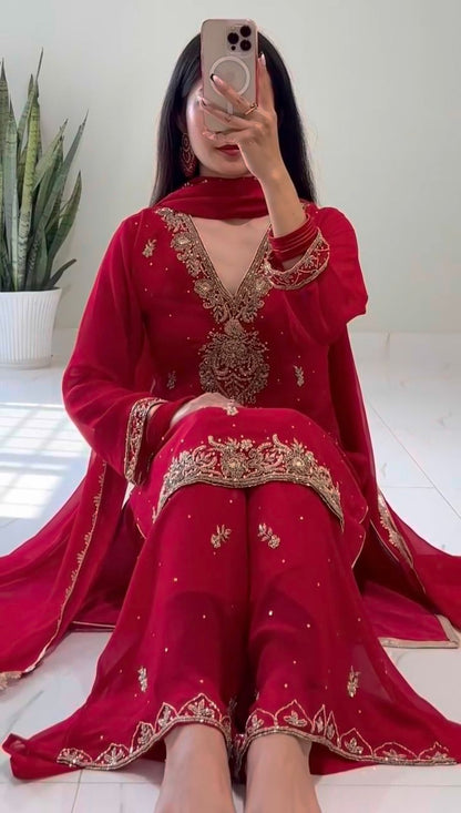 HK-1714 – Elegant Beaded Embroidery & Sequence Work Top-Plazzo with Dupatta (Fully Stitched, Ready to Wear)