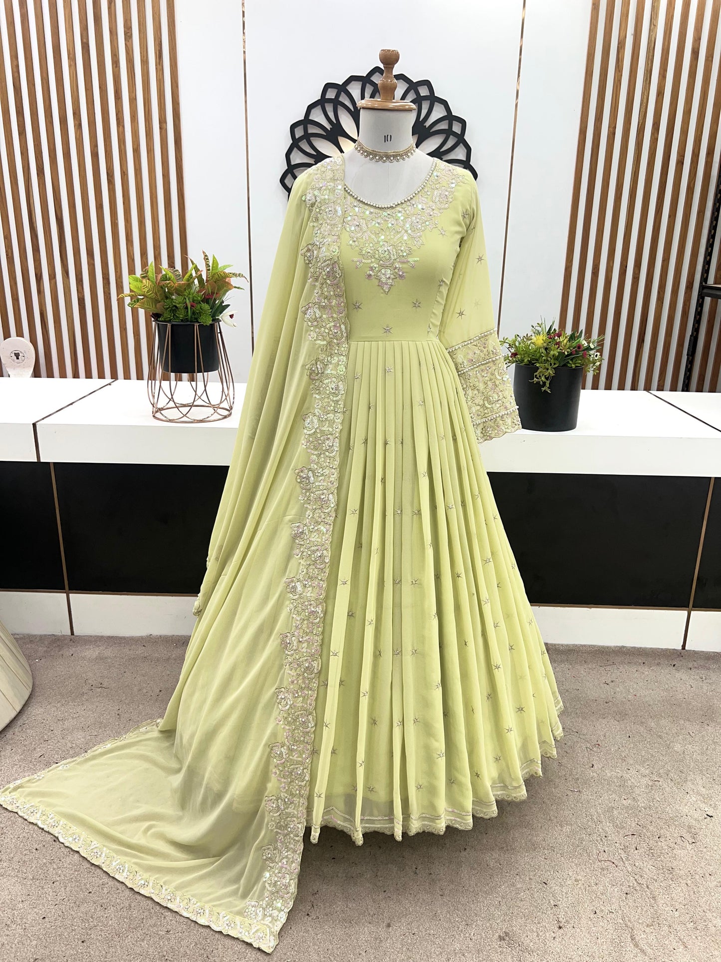 Elegant Embroidered Rainbow Sequin Designer Anarkali 3-Piece Set – Gown, Bottom & Dupatta