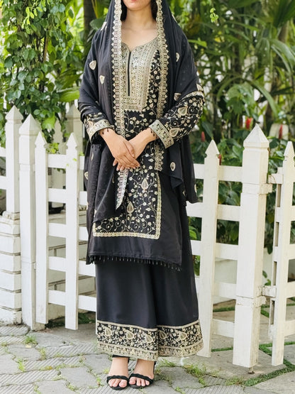✨AC7048-DESIGNER WEAR SEQUENCE EMBROIDERY ON STAR FOX GEORGETTE FABRIC TOP AND PLAZZO WITH DUPATTA🛍️