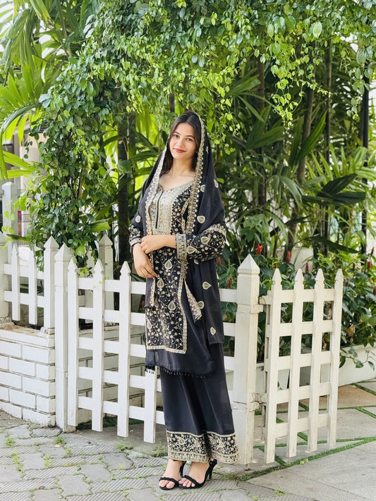 ✨AC7048-DESIGNER WEAR SEQUENCE EMBROIDERY ON STAR FOX GEORGETTE FABRIC TOP AND PLAZZO WITH DUPATTA🛍️