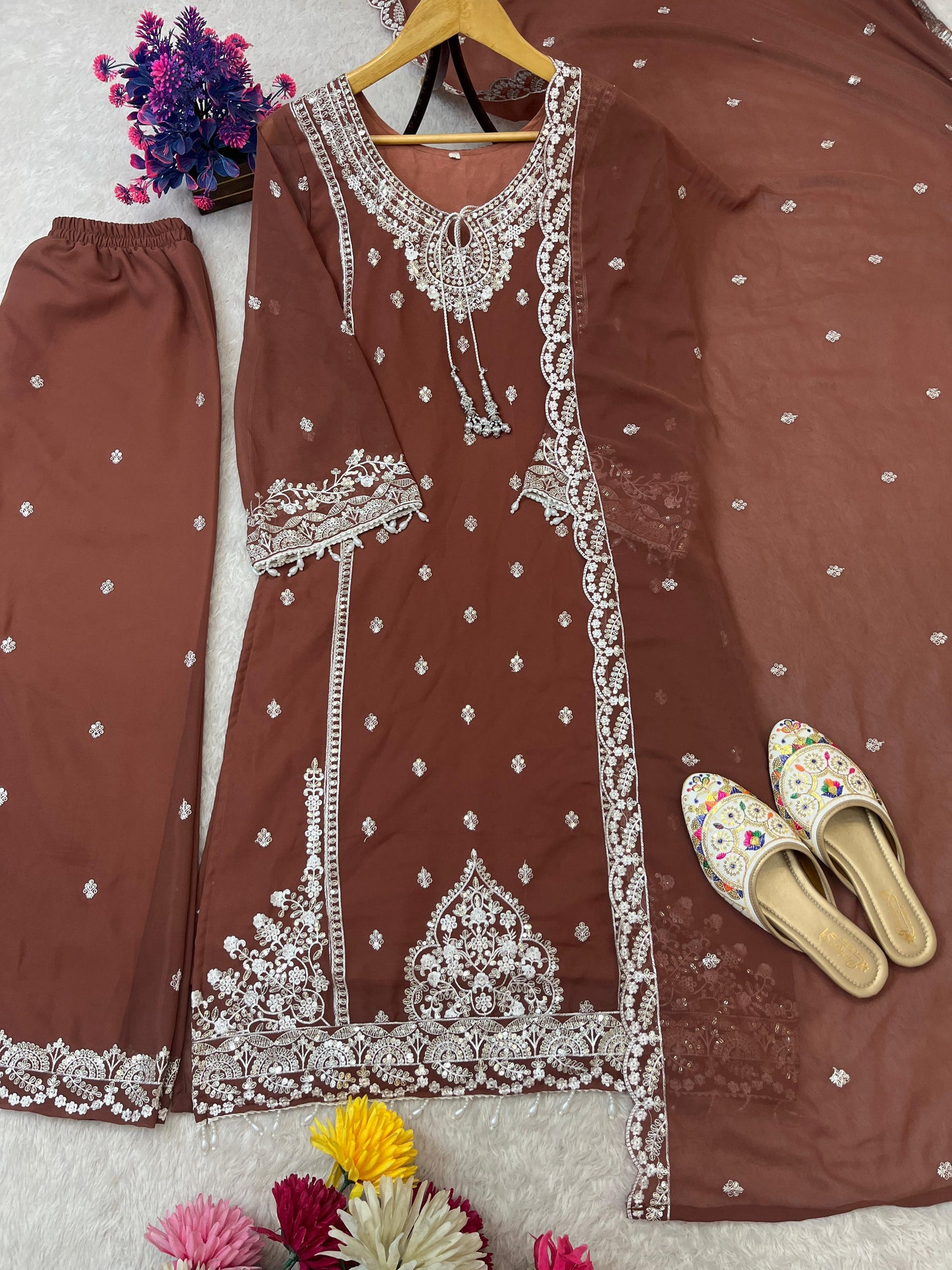 AC-7073 –  Premium Designe Sequence Embroidery Top-Plazzo with Dupatta (Heavy Fox Georgette, Fully Stitched)