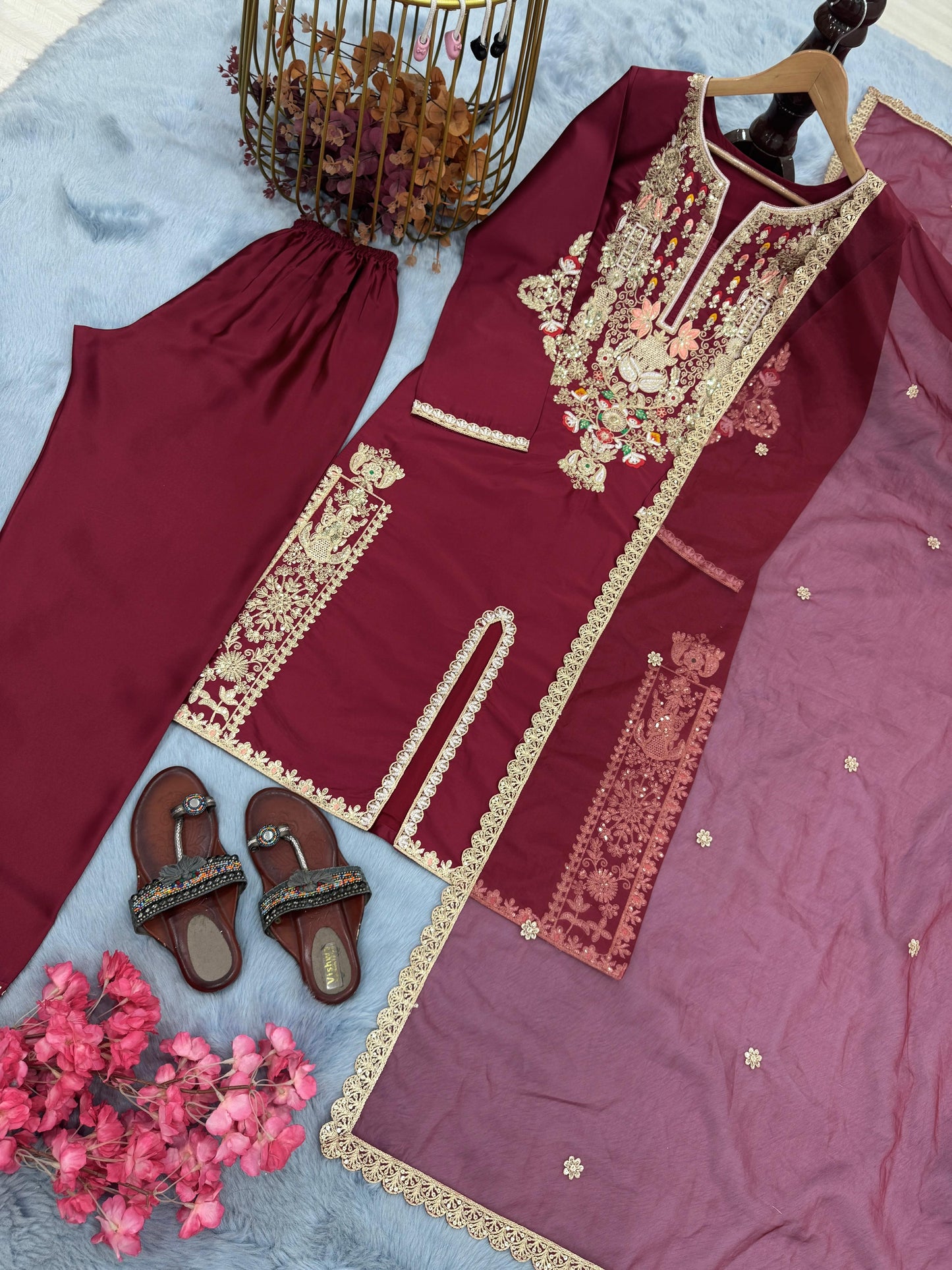 Lady Look-023 — Premium Satin Silk Designer Party Wear Top, Palazzo & Dupatta Set