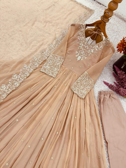Elegant Embroidered Rainbow Sequin Designer Anarkali 3-Piece Set – Gown, Bottom & Dupatta