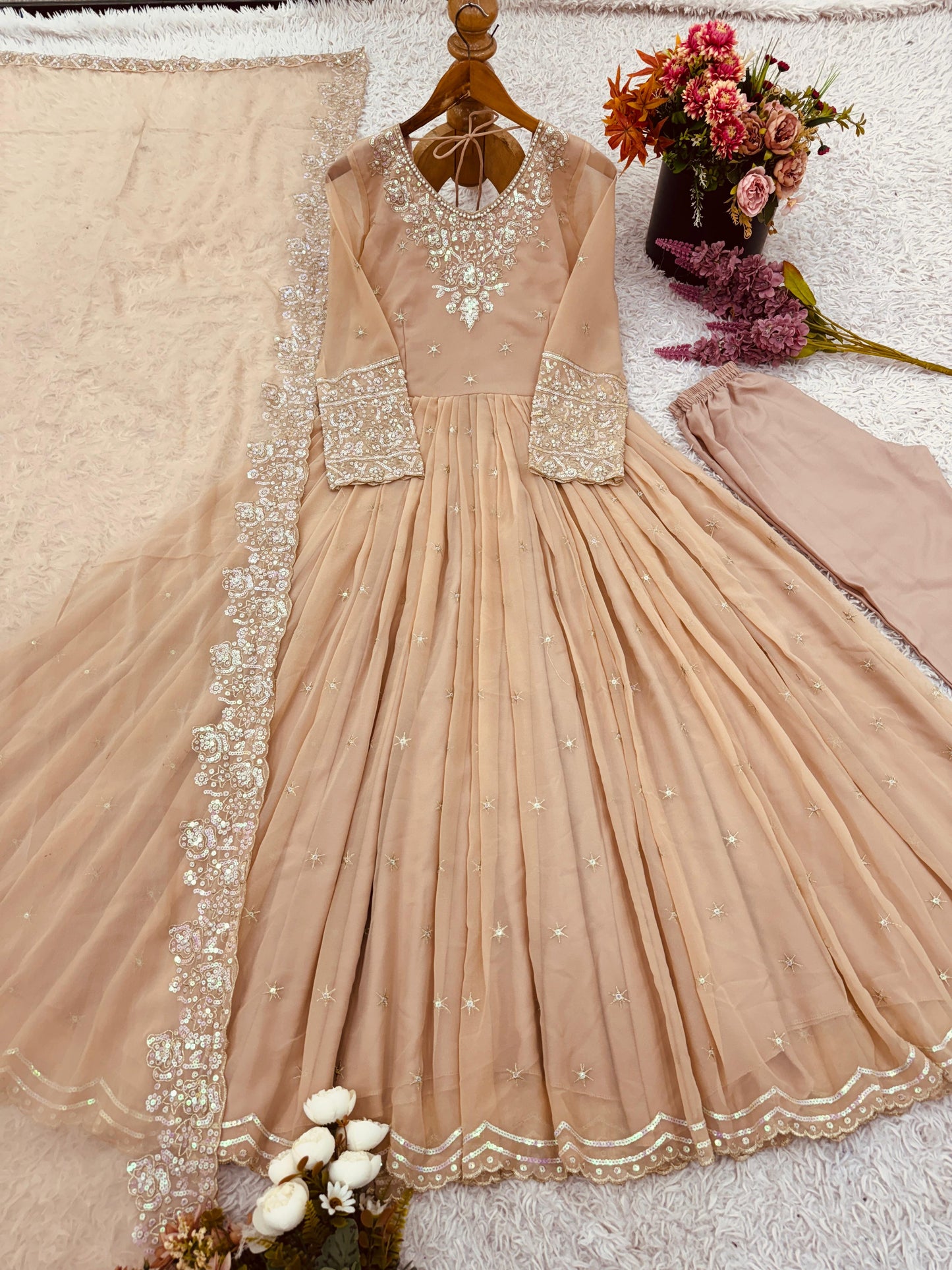 Elegant Embroidered Rainbow Sequin Designer Anarkali 3-Piece Set – Gown, Bottom & Dupatta