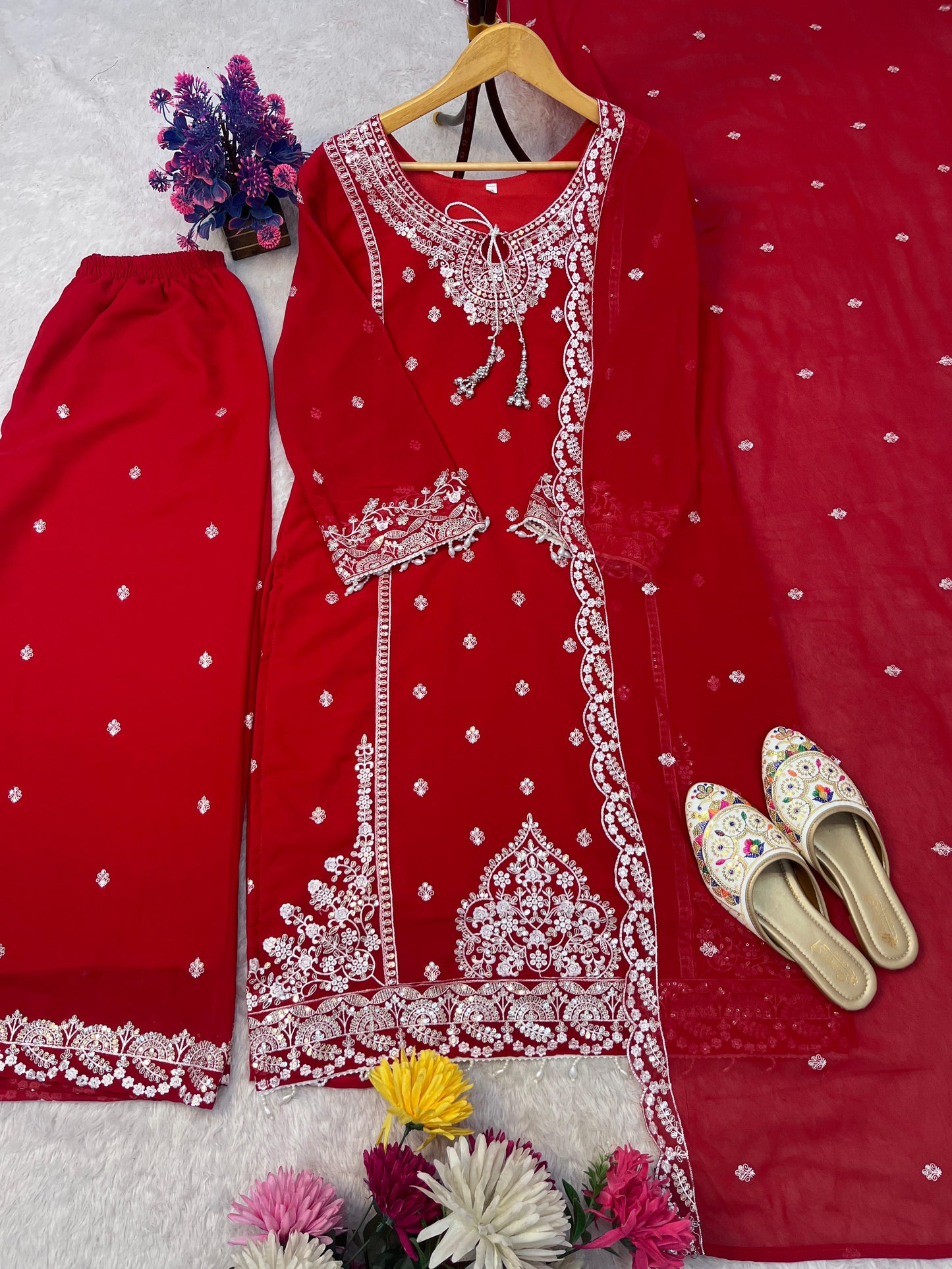 AC-7073 –  Premium Designe Sequence Embroidery Top-Plazzo with Dupatta (Heavy Fox Georgette, Fully Stitched)