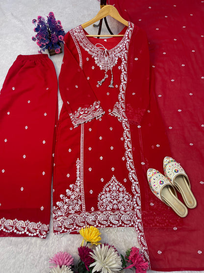AC-7073 –  Premium Designe Sequence Embroidery Top-Plazzo with Dupatta (Heavy Fox Georgette, Fully Stitched)