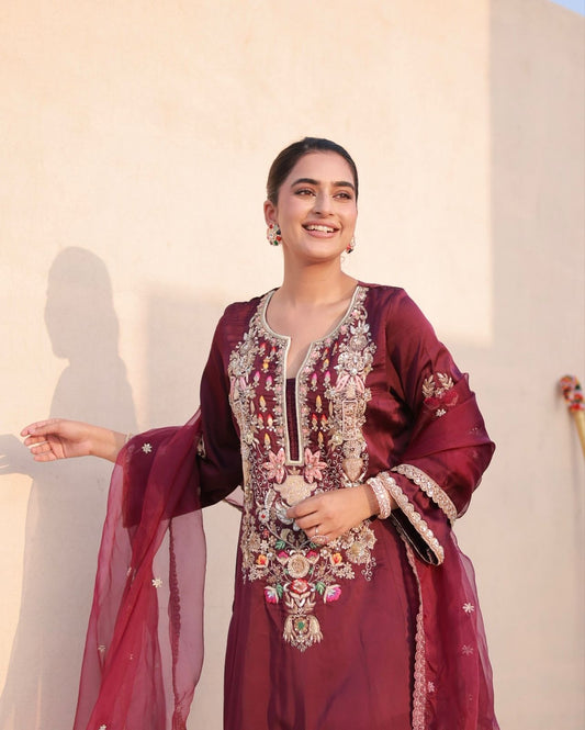 Lady Look-023 — Premium Satin Silk Designer Party Wear Top, Palazzo & Dupatta Set