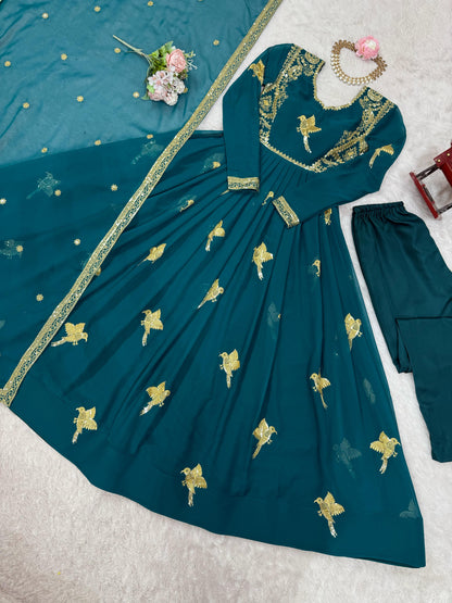 SP-30 — Elegant Faux Georgette Thread & Sequence Embroidered Gown Set (3-Piece)