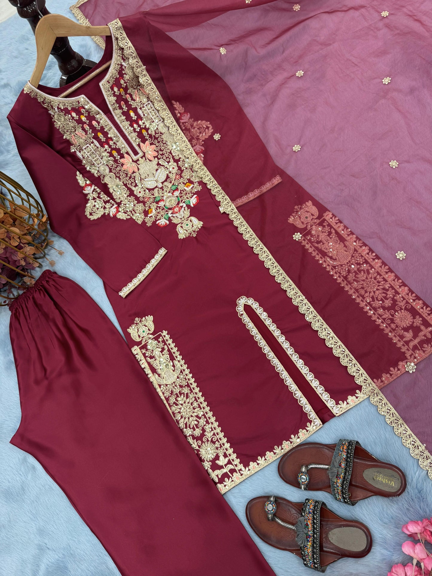Lady Look-023 — Premium Satin Silk Designer Party Wear Top, Palazzo & Dupatta Set