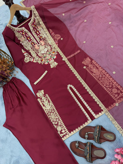 Lady Look-023 — Premium Satin Silk Designer Party Wear Top, Palazzo & Dupatta Set