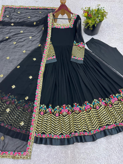 ✨ZF-5010 — "Elegant Embroidered Sequence Designer Anarkali Three Piece Set"✨