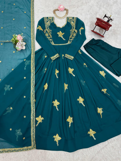 SP-30 — Elegant Faux Georgette Thread & Sequence Embroidered Gown Set (3-Piece)