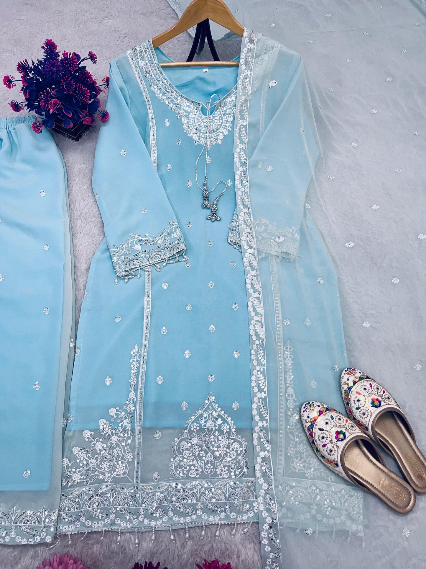 AC-7073 –  Premium Designe Sequence Embroidery Top-Plazzo with Dupatta (Heavy Fox Georgette, Fully Stitched)