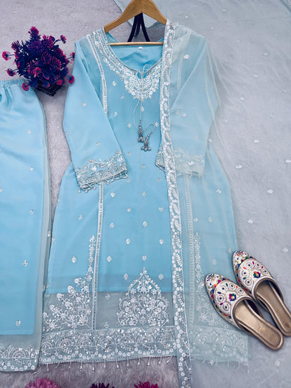 AC-7073 –  Premium Designe Sequence Embroidery Top-Plazzo with Dupatta (Heavy Fox Georgette, Fully Stitched)