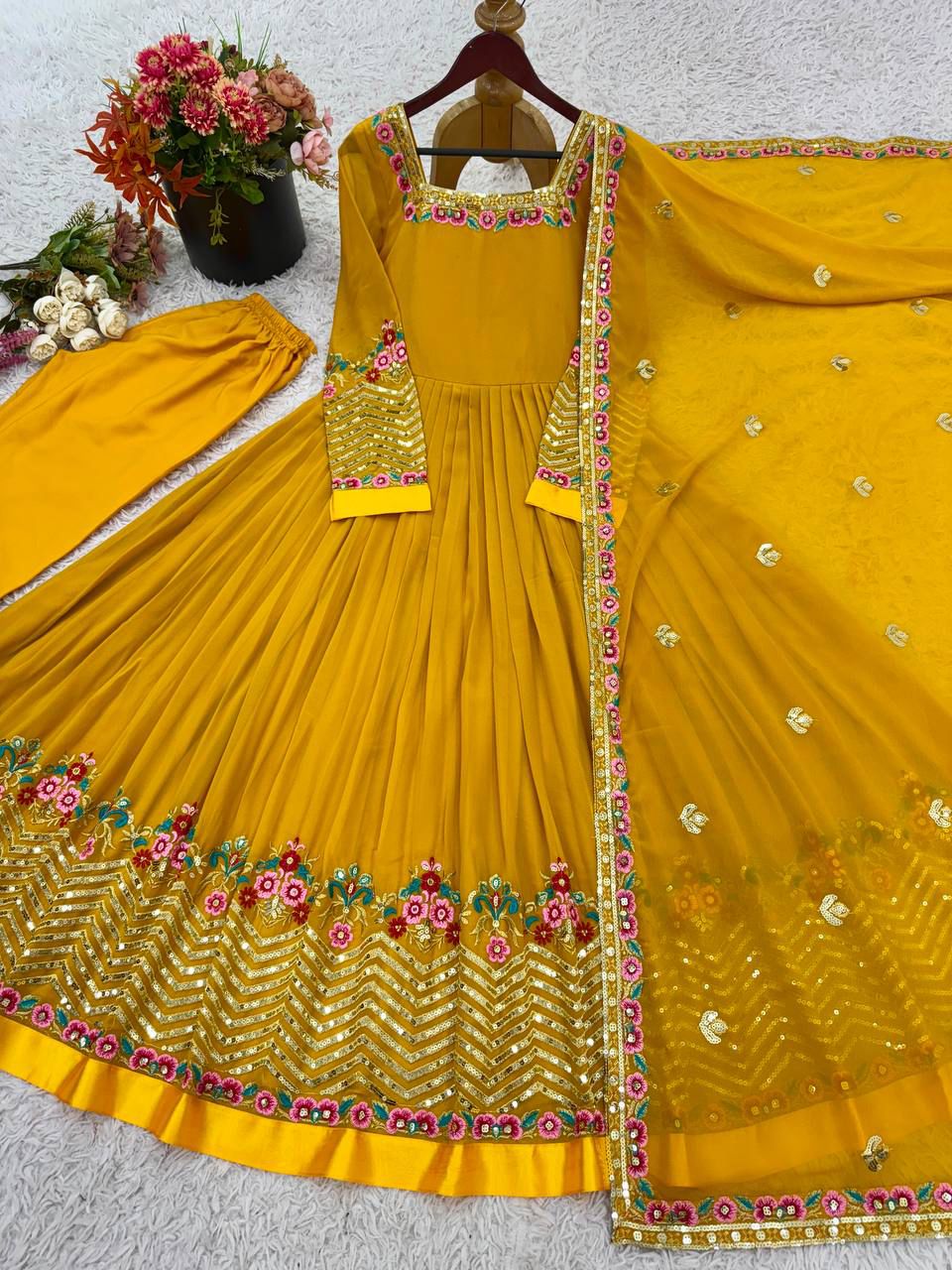 ✨ZF-5010 — "Elegant Embroidered Sequence Designer Anarkali Three Piece Set"✨