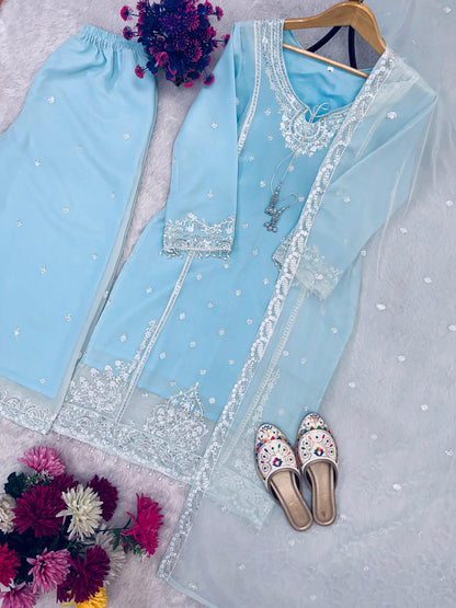 AC-7073 –  Premium Designe Sequence Embroidery Top-Plazzo with Dupatta (Heavy Fox Georgette, Fully Stitched)