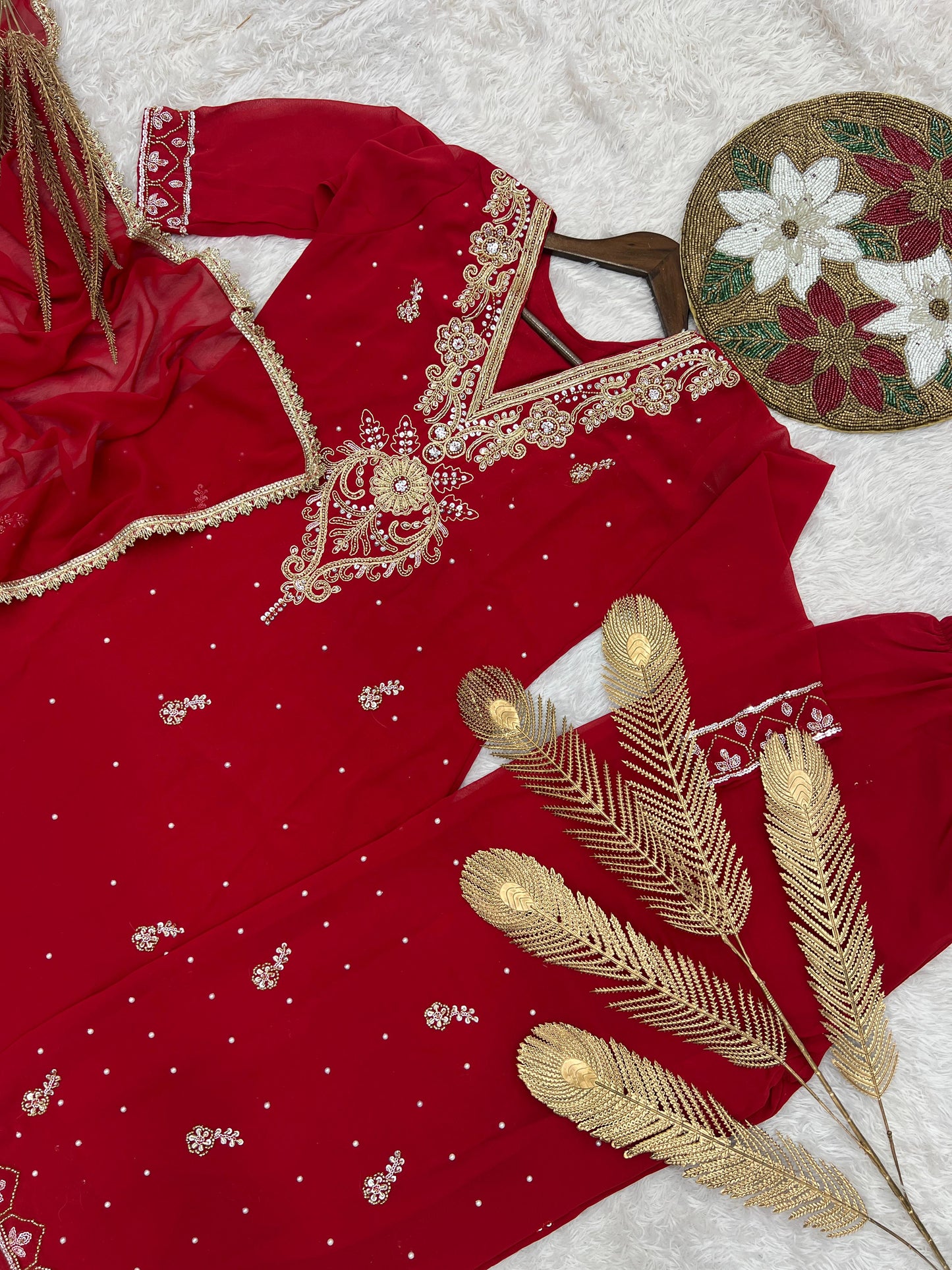 HK-1714 – Elegant Beaded Embroidery & Sequence Work Top-Plazzo with Dupatta (Fully Stitched, Ready to Wear)