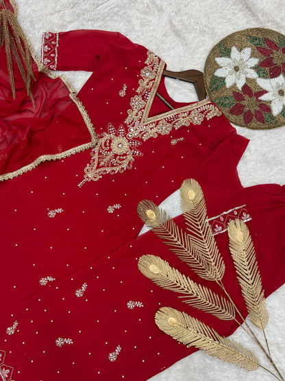 HK-1714 – Elegant Beaded Embroidery & Sequence Work Top-Plazzo with Dupatta (Fully Stitched, Ready to Wear)