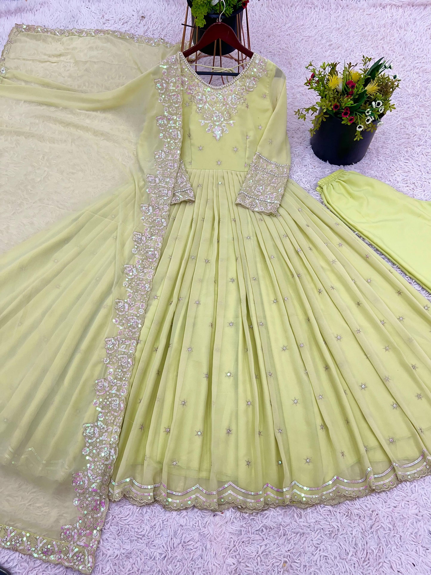 Elegant Embroidered Rainbow Sequin Designer Anarkali 3-Piece Set – Gown, Bottom & Dupatta