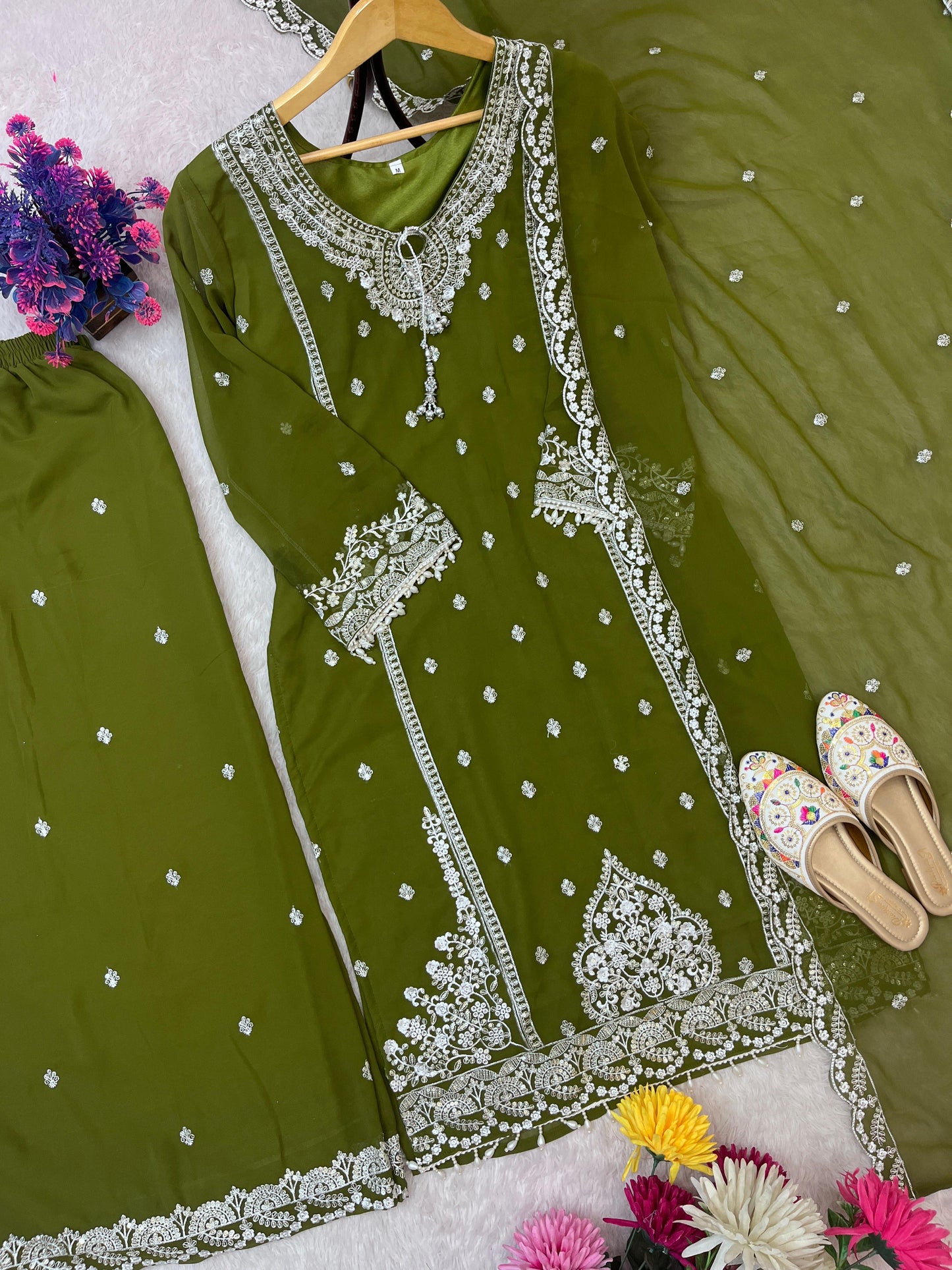 AC-7073 –  Premium Designe Sequence Embroidery Top-Plazzo with Dupatta (Heavy Fox Georgette, Fully Stitched)