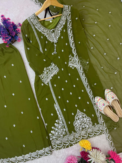 AC-7073 –  Premium Designe Sequence Embroidery Top-Plazzo with Dupatta (Heavy Fox Georgette, Fully Stitched)