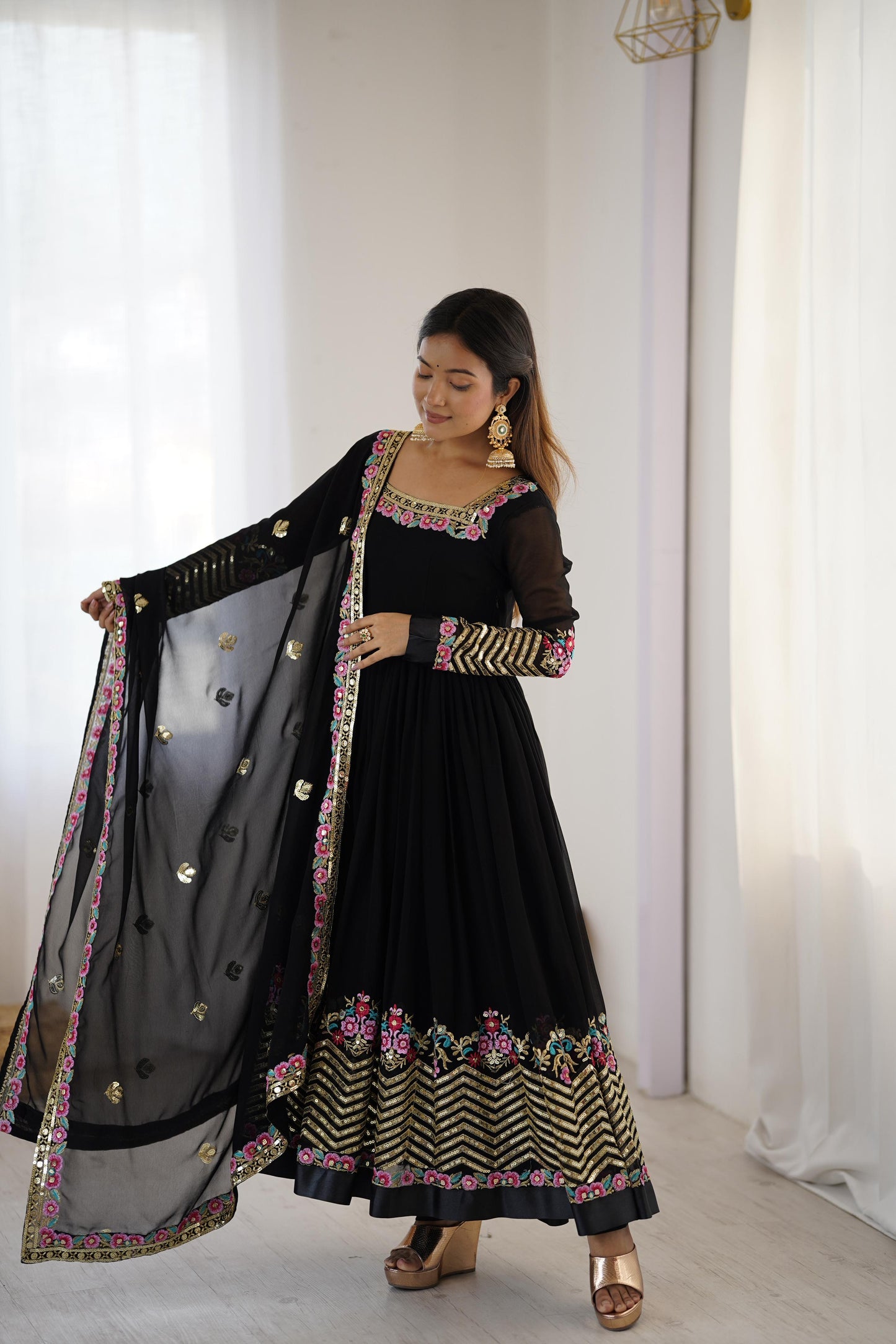 ✨ZF-5010 — "Elegant Embroidered Sequence Designer Anarkali Three Piece Set"✨