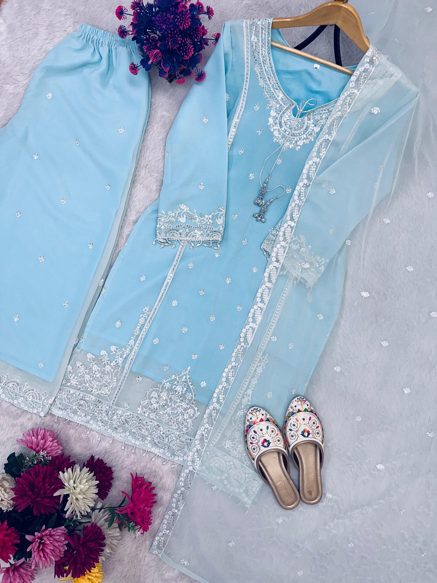 AC-7073 –  Premium Designe Sequence Embroidery Top-Plazzo with Dupatta (Heavy Fox Georgette, Fully Stitched)